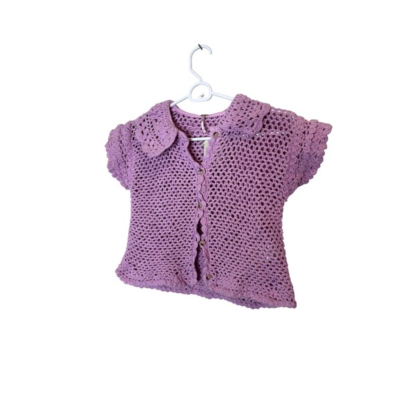 Free People Sweaters - Free People Sweater Cardigan Womens XS Purple Crochet Collared Short Sleeve